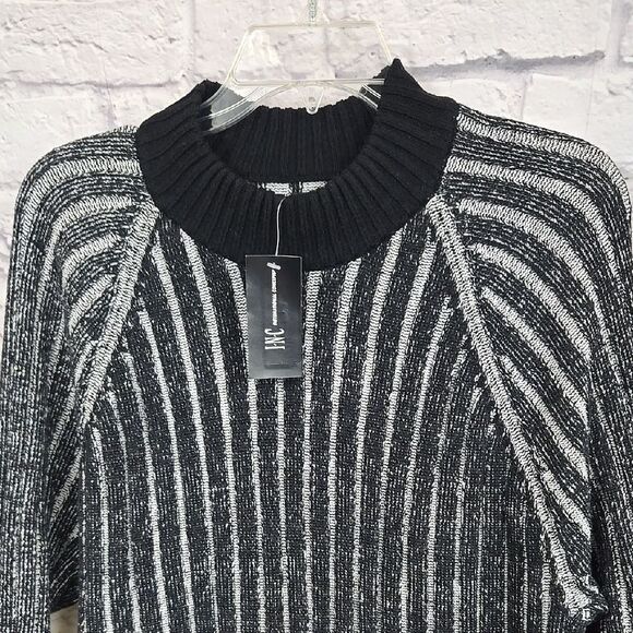 INC Men's Sweater NWT Cable Knit Black & White Ribbed Stripe Pullover Mock Neck - Picture 2 of 11